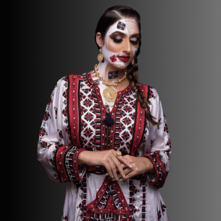 Traditional Balochi White Dress with Red Hand Embroidery