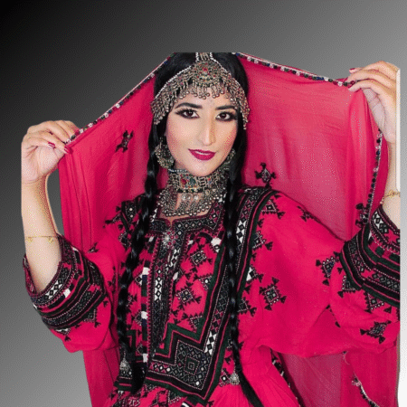 Traditional Balochi Deep Pink Dress with Black Embroidery